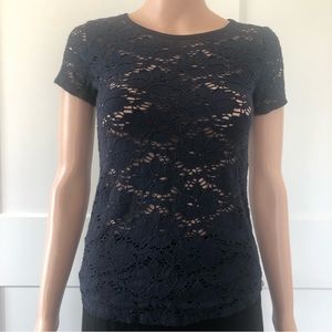 Loft Navy Blue Lace Short Sleeves Stretch Tee Top XXSP Petite XXS